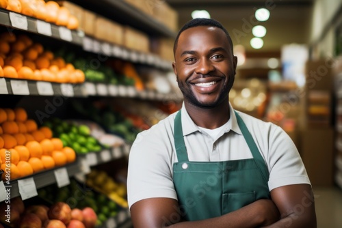smiling black man working in a modern grocery store