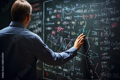 Male lecturer at university writing on blackboard in classroom various formulas.