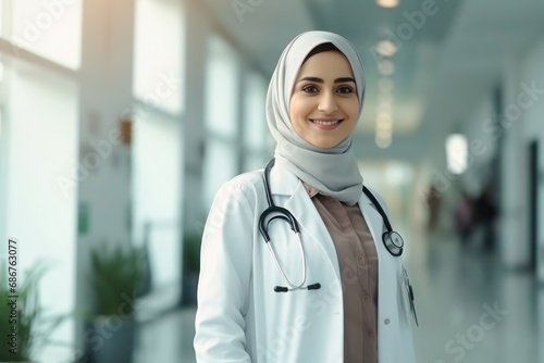 a portrait of a smiling muslim female doctor looking to camera