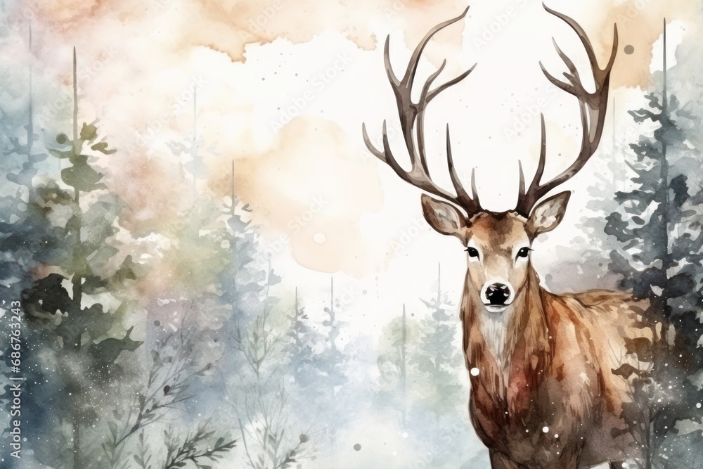 a portrait of a deer in winter in retro style a portrait of a deer in winter in retro style