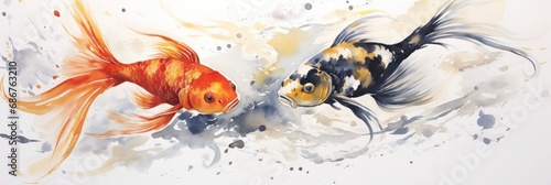 banner of two black and golden fish in watercolor