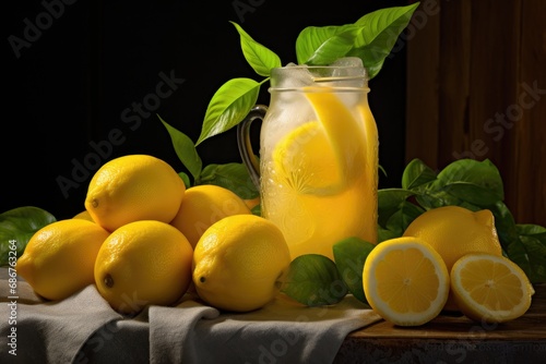 Lemonade with yellow lemons on nature dark background