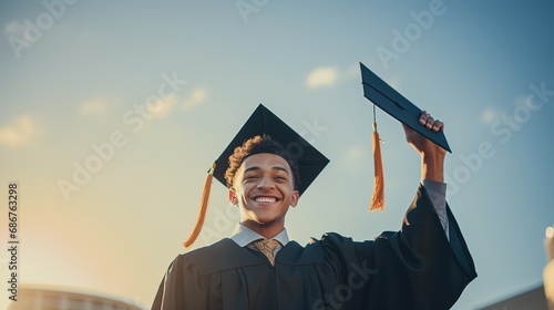 Mixed race man wearing graduation cap and gown holding diploma photo