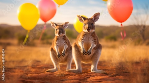 Adorable baby kangaroos playing among a field of bouncing balloons in the Australian outback.