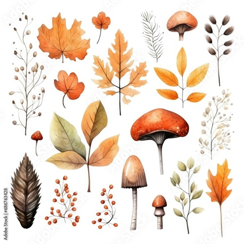 set of watercolor leaves mushrooms and berries on white
