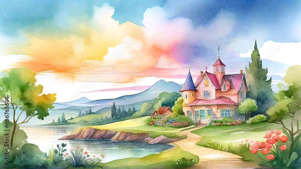 Naklejka premium Watercolor summer idyllic landscape, fields and meadows full of flowers, children story book style illustration.
