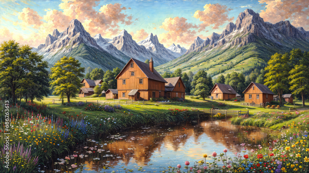 Fototapeta premium Idyllic countryside summer landscape with wooden old house near river, beautiful flowers and trees with mountains in the background, oil painting illustration.
