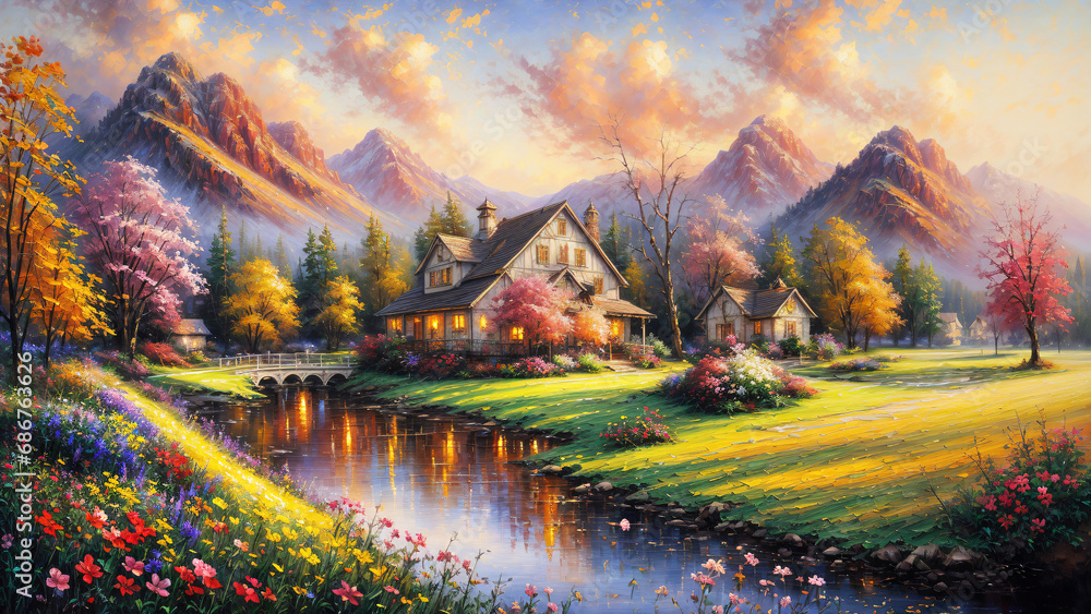 Beautiful idyllic view, oil painting of trees covered with flowers with mountains in the background.