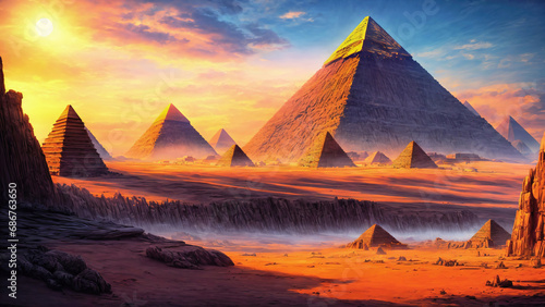 Alien planet landscape  view of another planet with ancient pyramids in the desert  remnants of an ancient civilization  science fiction background 