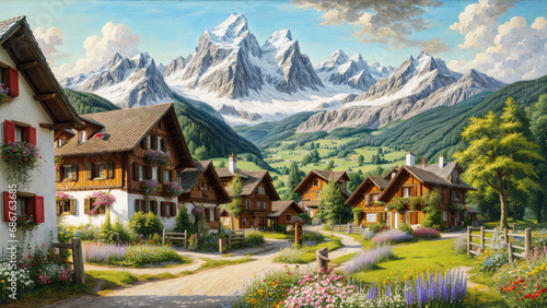 Idyllic countryside summer landscape with wooden old houses, beautiful flowers and trees with the Alp mountains in the background, oil painting on canvas