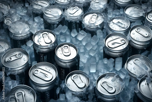 A group of aluminum cans glisten with condensation as they rest in a bed of ice,