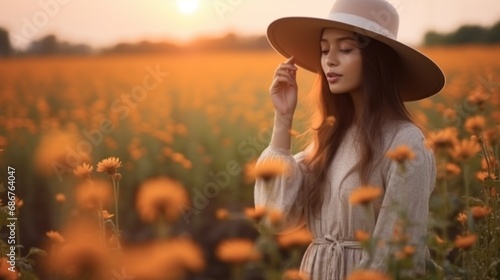 portrait of young woman in straw hat in flower garden at sunset