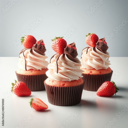 cupcakes with cream and strawberry and chocolate