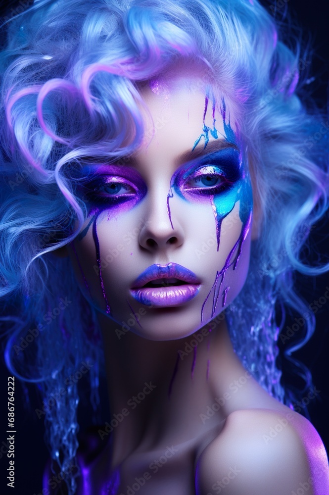 beautiful fantasy woman with fairy tale purple and blue neon glow makeup, fashionable female with fairy make-up, beauty and fashion portrait