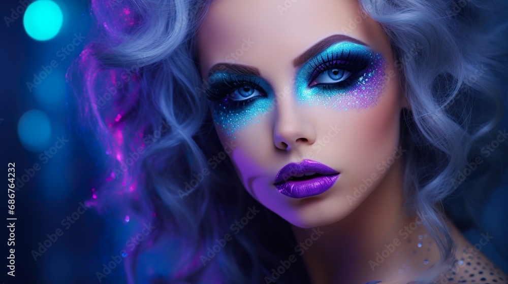 beautiful fantasy woman with fairy tale purple and blue neon glow makeup, fashionable female with fairy make-up, beauty and fashion portrait beautiful fantasy woman with fairy tale purple and blue neon glow makeup, fashionable female with fairy make-up, beauty and fashion portrait