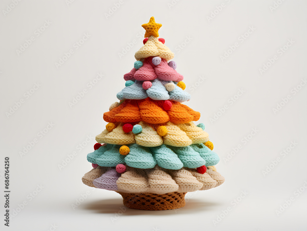 Handmade colourful knitted Christmas tree made of layering of wool yarns Handmade colourful knitted Christmas tree made of layering of wool yarns