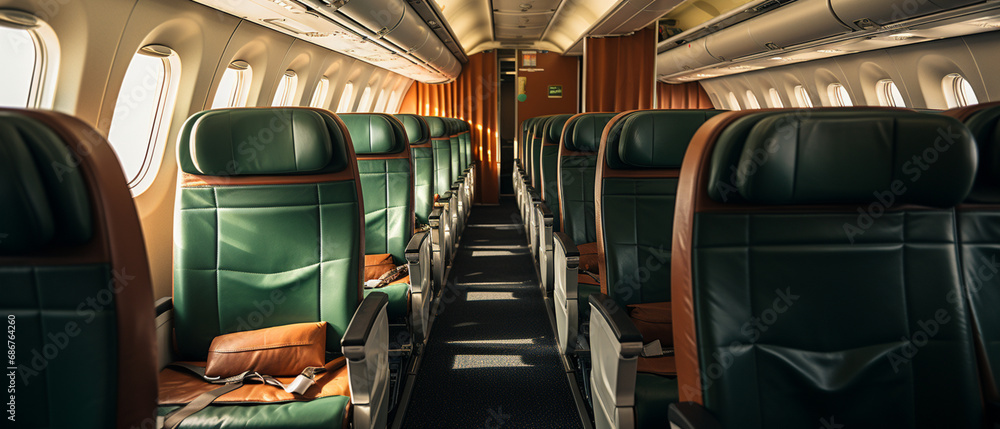 Flugzeuginterieur: Perspektive auf unbesetzte Sitze - obrazy, fototapety, plakaty 