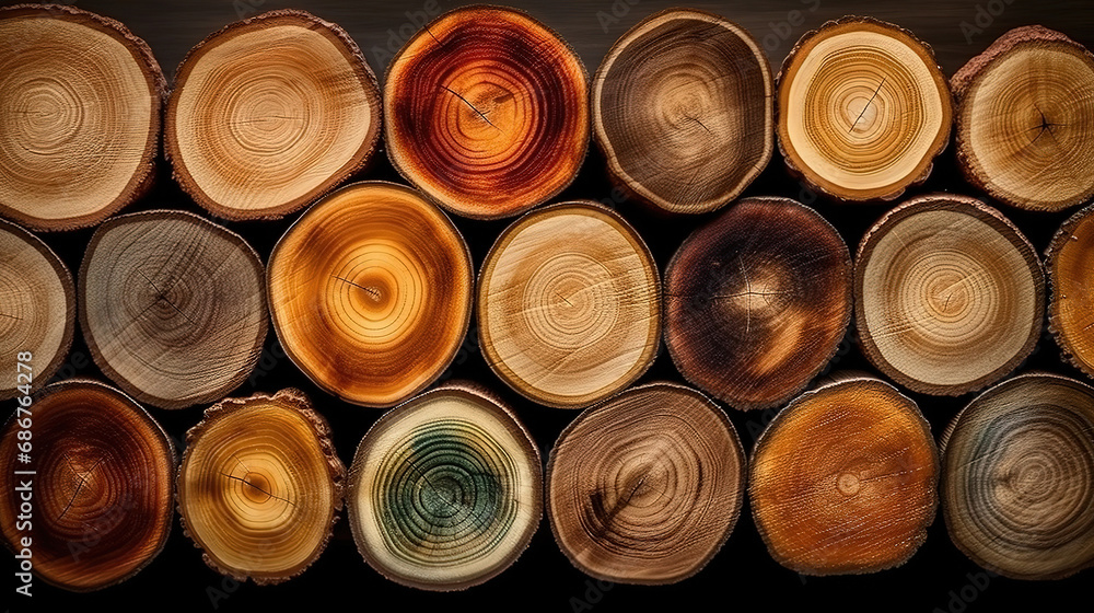 Large circular piece of wood cross section with tree ring texture pattern. Generative Ai Large circular piece of wood cross section with tree ring texture pattern. Generative Ai