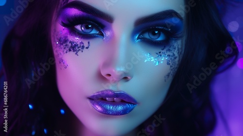 beautiful fantasy woman with fairy tale purple and blue neon glow makeup, fashionable female with fairy make-up, beauty and fashion portrait © goami
