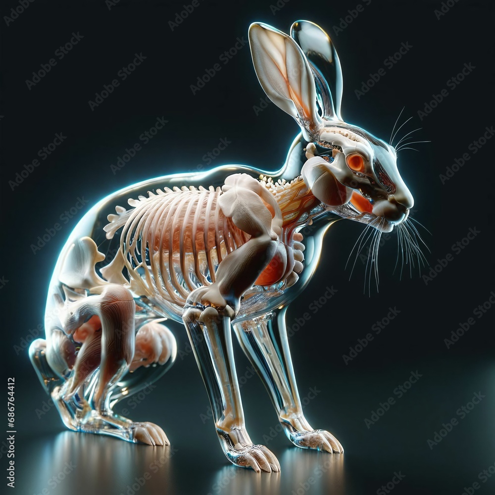 Obraz premium A hare with a transparent body in which you can see internal organs and bones in detail. AI generated.