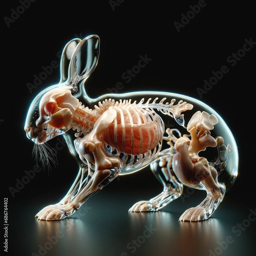 A rabbit with a transparent body in which you can see internal organs and bones in detail. AI generated. © Roman's portfolio