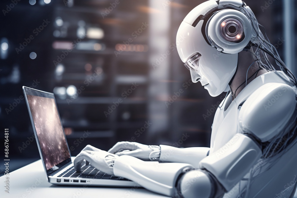 An Artificial Intelligence (AI) powered Robot sitting on a desk, working and typing, using a laptop in a modern workspace or office. An Artificial Intelligence (AI) powered Robot sitting on a desk, working and typing, using a laptop in a modern workspace or office.