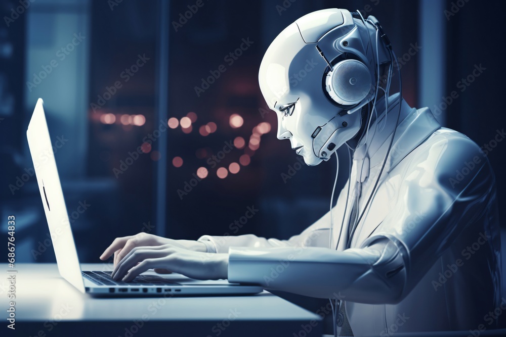 An Artificial Intelligence (AI) powered Robot sitting on a desk, working and typing, using a laptop in a modern workspace or office. An Artificial Intelligence (AI) powered Robot sitting on a desk, working and typing, using a laptop in a modern workspace or office.