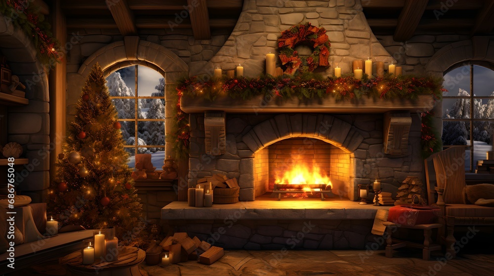 Cozy Fireplace Scene on Silvester Night, Warm Glow, Celebration, Festive, Event