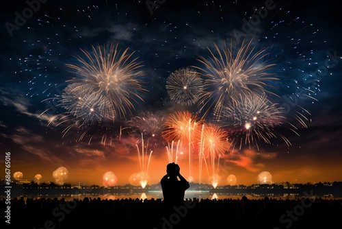 Spectacular Fireworks with Silhouetted Crowd, Show, Celebration, Explosive, Festive