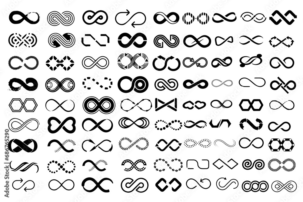 Infinity and loop symbol icons. Infinity, eternity, infinite, endless, loop symbols. Unlimited endless line shape sign collection icons flat style - obrazy, fototapety, plakaty 
