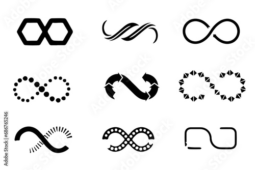 Infinity and loop symbol icons. Infinity, eternity, infinite, endless, loop symbols. Unlimited endless line shape sign collection icons flat style