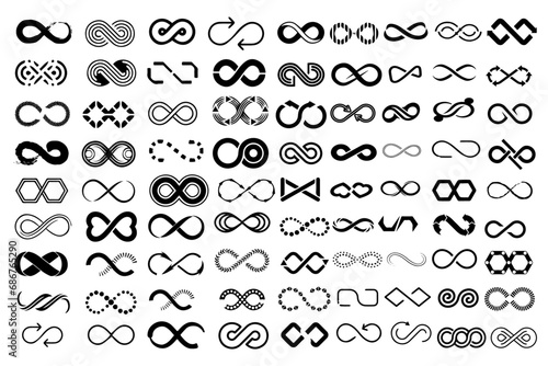 Infinity and loop symbol icons. Infinity, eternity, infinite, endless, loop symbols. Unlimited endless line shape sign collection icons flat style photo