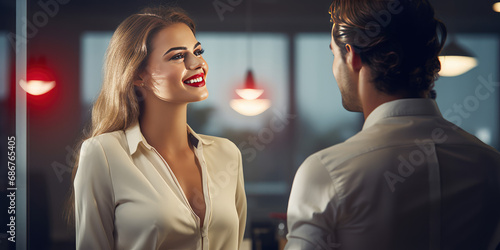 Sexy woman in white shirt with bright makeup and red lips talk, smirk and flirt in an office with a man in a suit. Office romance, mistress coworker.