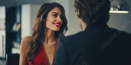 Sexy long hair woman with bright makeup and red lips talk, smirk and flirt in an office with a man in a suit. Office romance, mistress coworker.