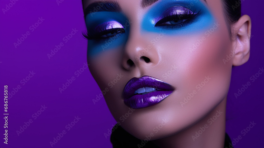 beauty and fashion portrait of woman with stylish makeup, in style of purple and blue, creative make-up female studio shot, dark shadows beauty and fashion portrait of woman with stylish makeup, in style of purple and blue, creative make-up female studio shot, dark shadows
