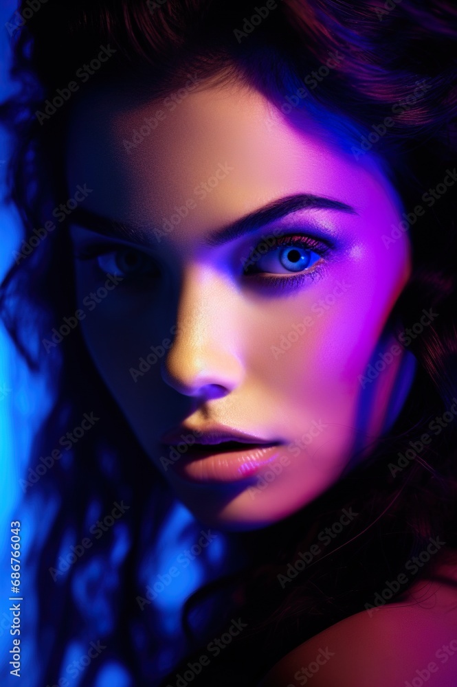 young beautiful woman with blue neon glowing eyes closeup portrait, female with stylish purple and blue makeup young beautiful woman with blue neon glowing eyes closeup portrait, female with stylish purple and blue makeup