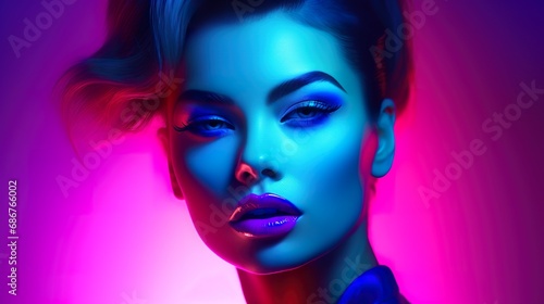 beauty and fashion portrait of woman in ultraviolet light, beautiful female with futuristic makeup, vivid uv makeup © goami