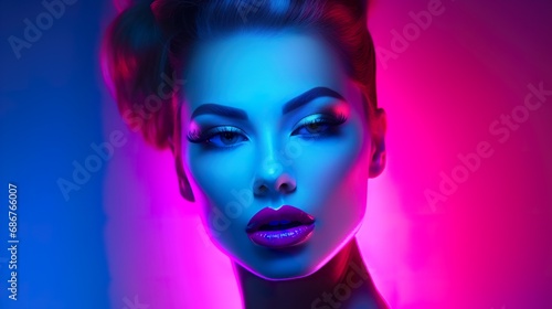 beauty and fashion portrait of woman in ultraviolet light, beautiful female with futuristic makeup, vivid uv makeup