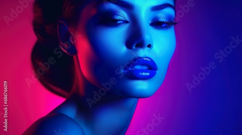 beauty and fashion portrait of woman in ultraviolet light  beautiful female with futuristic makeup  vivid uv makeup