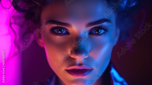 young beautiful woman with blue neon glowing eyes closeup portrait  female with stylish purple and blue makeup 