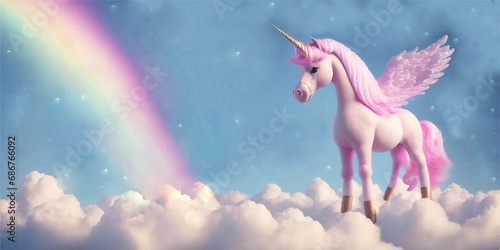 Pink pegasus pony horse unicorn in heaven.Kawaii cute fairy tale sweet dreamy cartoon light pastel rainbow fluffy white clouds sky with stars.Baby nursery wall design.Childish wallpaper for kids. © Polina Raulina