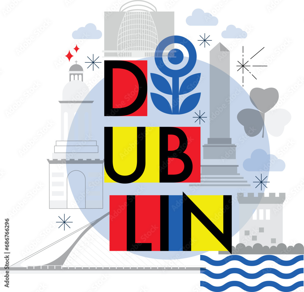 Typography word Dublin branding technology concept. Culture travel set