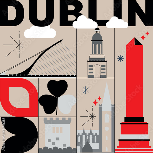 Typography word Dublin branding technology concept. Culture travel set, famous architectures, lat design. Ireland Business travel, tourism idea. Image for presentation, banner, web, split video screen