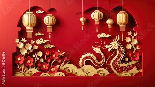 Chinese New Year background. with Zodiac Year of the Dragon Chinese new year theme decoration with Chinese lantern  plum blossom and auspicious clouds in paper cut style.