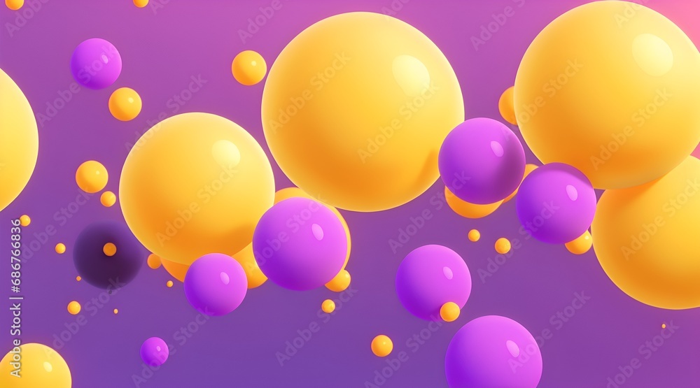 Abstract backgrounds with 3D spheres that move. Bubbles in pastel purple and yellow plastic. Illustration of glossy soft balls in vector format. Design of a stylish modern banner or poster