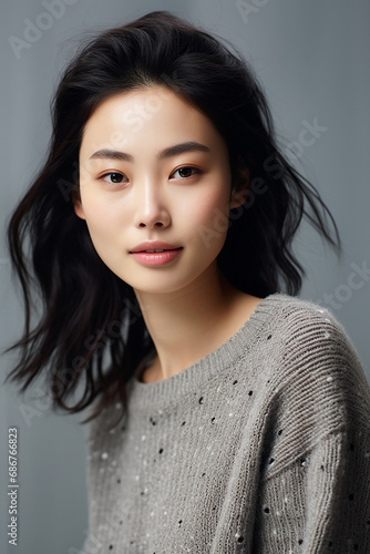 A portrait of a young woman with a soft and serene expression, her black hair gently tousled, wearing a studded grey sweater that adds a touch of sophistication photo