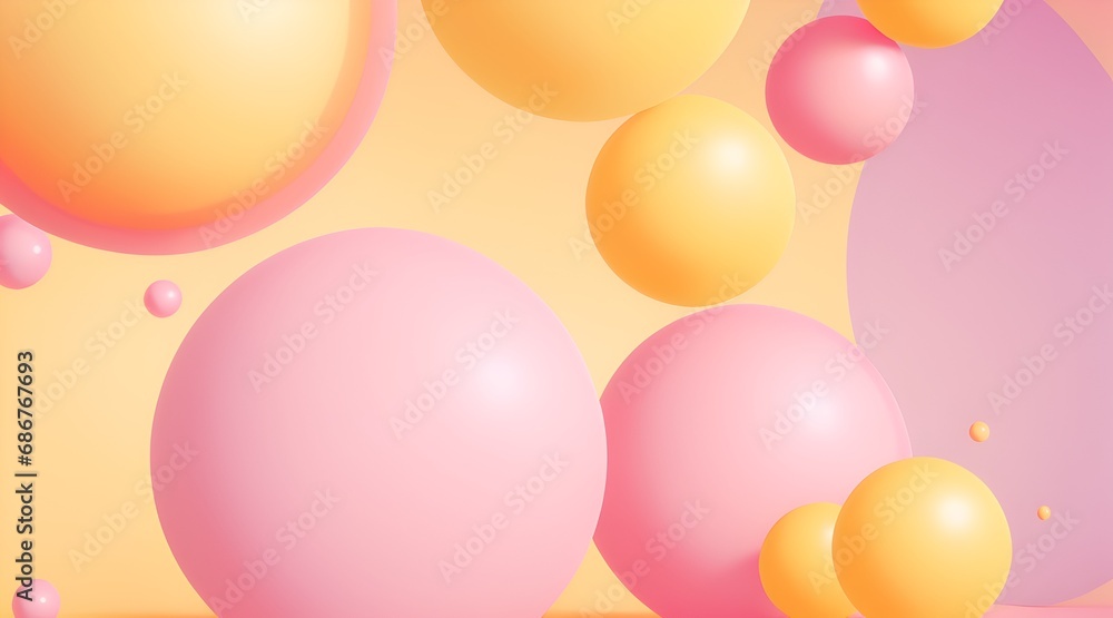 Abstract backgrounds with 3D spheres that move. Bubbles in pastel pink and yellow plastic. Illustration of glossy soft balls in vector format. Design of a stylish modern banner or poster