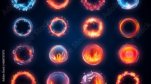 Vibrant Neon Frames: Abstract Fire and Ice Energy Effects - Modern Digital Art Illustration with Glowing Design for Dynamic and Futuristic Backgrounds.