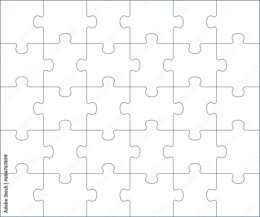 Puzzle blank pieces template or cutting outline guidelines of 30 pieces, 6 x 5 tiles vector jigsaw game