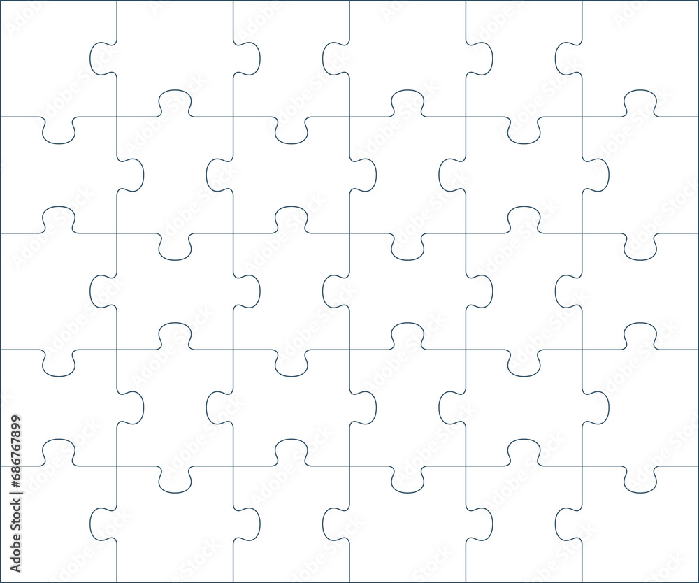 Puzzle blank pieces template or cutting outline guidelines of 30 pieces, 6 x 5 tiles vector jigsaw game Puzzle blank pieces template or cutting outline guidelines of 30 pieces, 6 x 5 tiles vector jigsaw game
